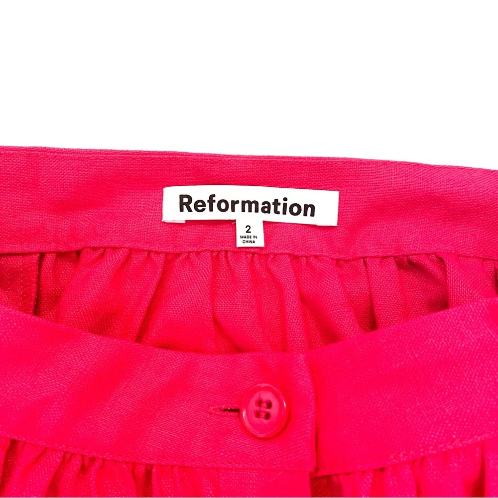 Reformation Orzo Linen MIDI High Waist Skirt in Hot Pink Corvette 2 Button Front - Picture 4 of 5